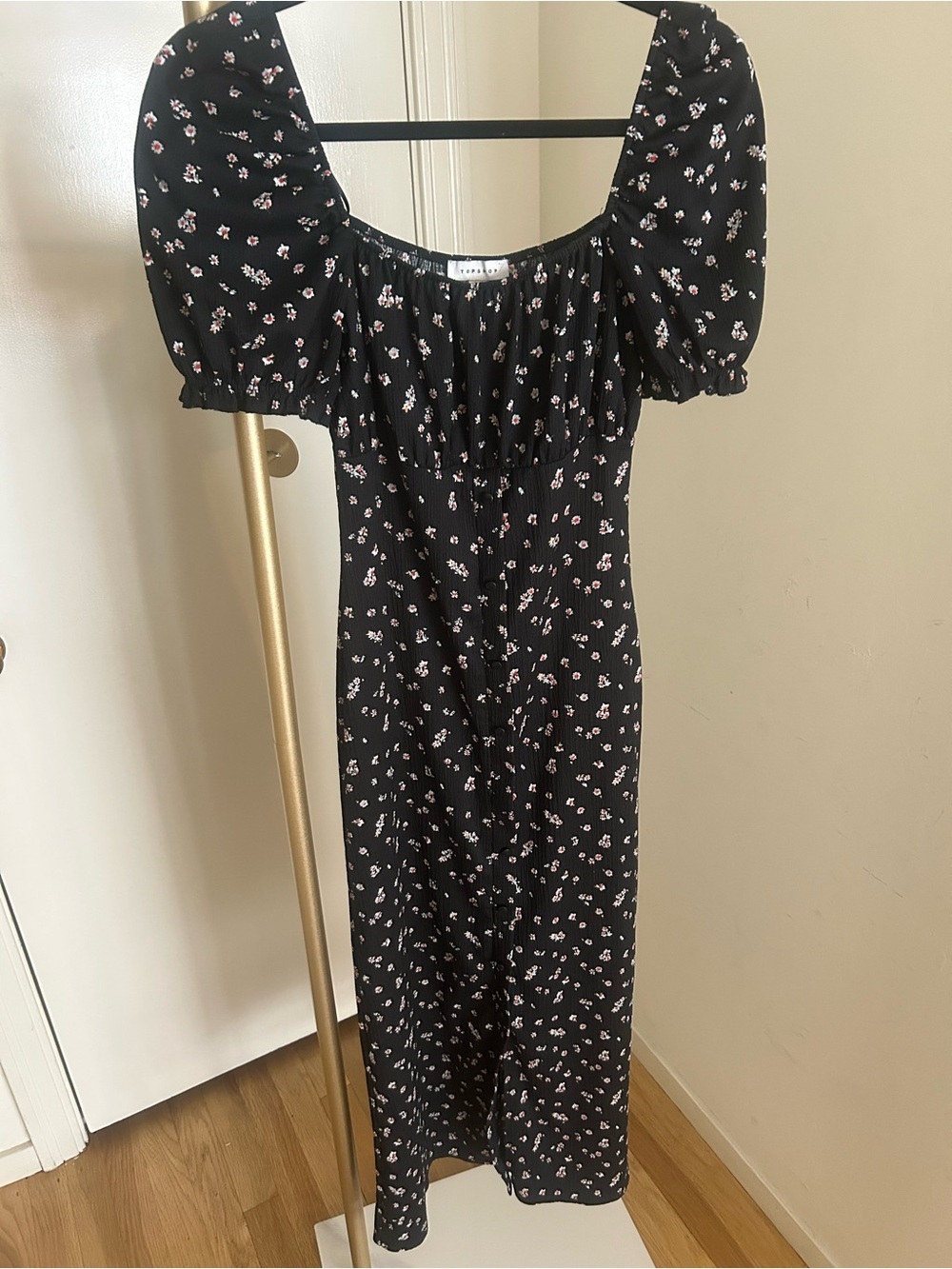 Topshop Black Floral Puff Sleeve Midi Dress Cottagecore Milkmaid US 6 - Picture 2 of 6